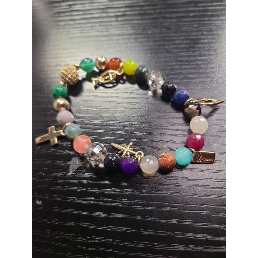 Roman Natural Stone Stretch Bracelet w/ Gold Tone Charms – Cross, Fish, Star